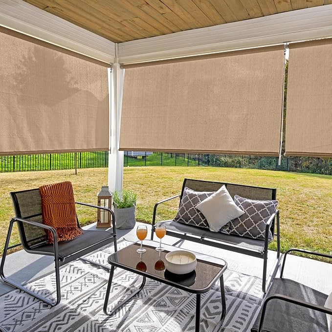 Coolaroo Outdoor Roller Shade with Wand - 90% UV Block Breathable Light Filtering Shade for Patio or Porch, Fade-Resistant, Easy-Clean Fabric, 10ft x 6ft, Southern Sunset