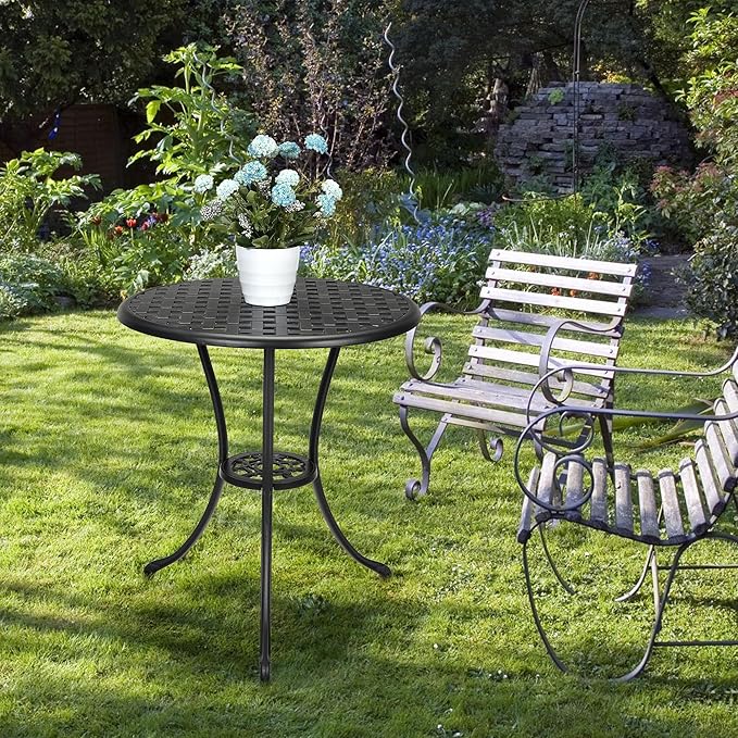 GarveeHome Patio Bistro Table, 24" Round Outdoor Coffee Table with 2" Umbrella Hole, Outdoor Cast Aluminum Bistro Table Side Table with Iron Frame for Balcony Backyard Lawn and Garden, Classic Black