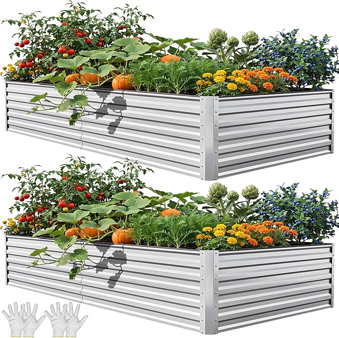 YITAHOME 8x4x2ft 2pcs Large Raised Garden Bed Kit, Galvanized Metal Planter Box with Gloves, Ground Nails & Safety Rubber, Outdoor Above Ground Planters for Plants Vegetables Flowers, Silver Gray