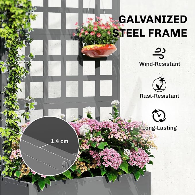 Outsunny Galvanized Raised Garden Bed with Trellis, Metal Planter Box with Drainage Holes, Outdoor Privacy Screen for Climbing Plants, Vegetable, Vines, 24" x 9" x 44.5", Gray