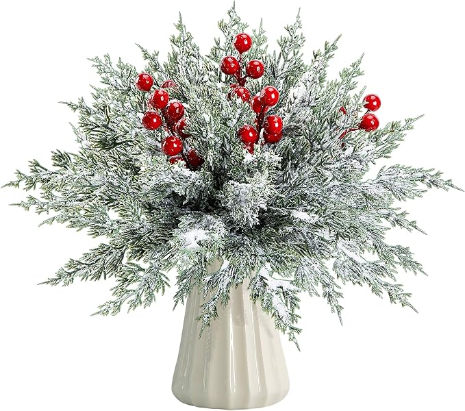 45 Pcs Artificial Christmas Snow Pine Branches with Red Berry Stems, Snowy Faux Greenery Norfolk Pine Cypress Leaves Stems, Berries White Frosted Fake Foliage Pines Needle Picks for Garland Home Decor