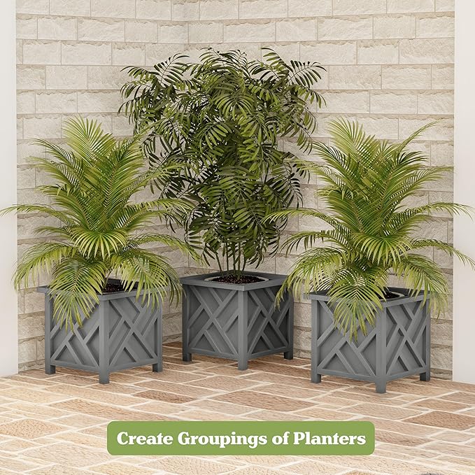 Lattice Design Outdoor Planter Box - 14.75” Square 13” Tall Gray Plant Pot - Decorative Plant Pots for Front Porch Decor - Flower Pots Outdoor Planters for Porch Patio or Garden Decor by Pure Garden