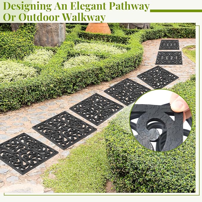 Pangda 16 Pcs Rubber Stepping Stones Outdoor Garden Walkway, 12 x 12 Inch Heavy Duty Pathway Pavers Retro Decorative Stepping Stones for Outside Landscaping Yard Lawn Path (Scroll Square,Black)