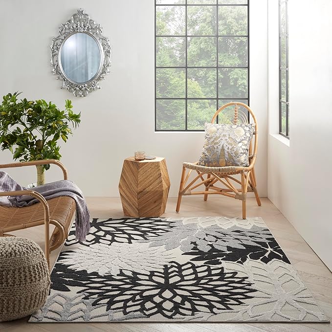 Nourison Home Aloha Indoor/Outdoor Black White 6' x 9' Area Rug, Tropical, Botanical, Easy Cleaning, Non Shedding, Bed Room, Living Room, Dining Room, Deck, Backyard, Patio (6x9)