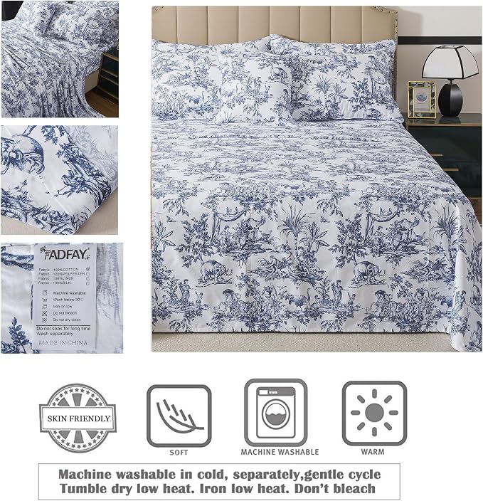 FADFAY Toile Sheet Set Cal King Classic Blue & White 100% Egyptian Cotton French Country Bedding Toile de Jouy Pastoral Scenic Farmhouse Bedding Deep Pocket Sheets Breathable Soft for All Seasons 4Pc
