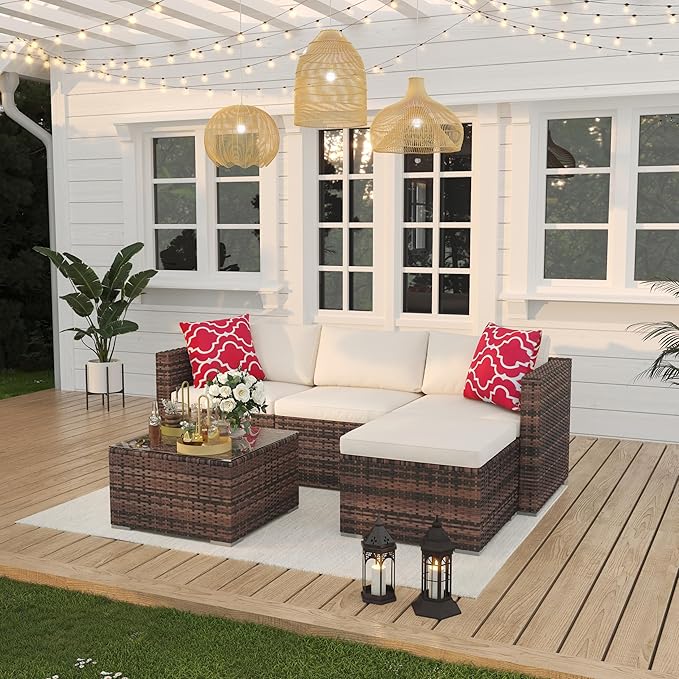 GAOMON Patio Furniture Sets 5 Pieces, PE Wicker Modern Patio Conversation Set with Storage Cushions for Poolside, Deck, Balcony (Brown/Beige)