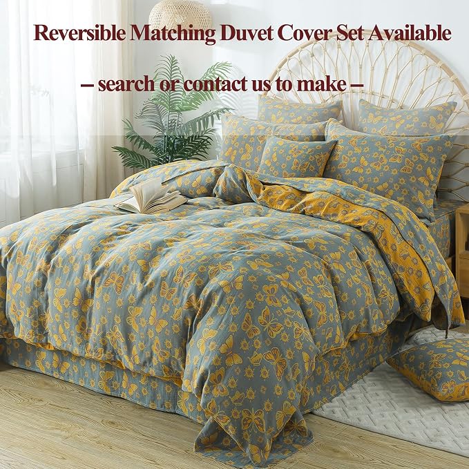FADFAY Butterfly Sheets Set King Vintage Yellow Grey Floral Bedding Shabby Farmhouse Bedding Super Soft Washed Double -Layer Muslin Sheets 100% Cotton Deep Pocket Fitted Sheet 4Pcs, King Size
