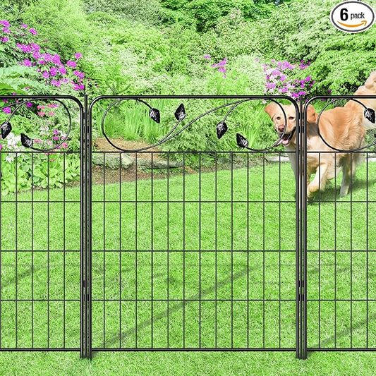 FOREHOGAR Decorative Outdoor Garden Fence 30in(H) X12ft(L) 6 Panels+7 Stakes Leaf Black Metal Garden Fencing for Landscape Lawn Patio, Temporary Animal Barrier Fences for Dogs
