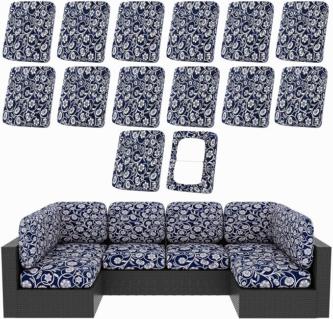 hyha 14Pcs Patio Cushion Covers, Stretch Outdoor Couch Cushion Covers, Washable Outdoor Chair/Sofa Slipcovers for Patio Furniture Cushions Protector with Elastic Bottom(Baroque,Cover Only)
