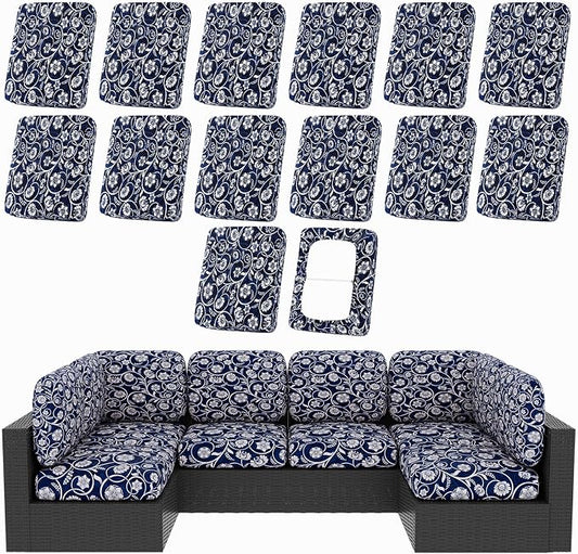 hyha 14Pcs Patio Cushion Covers, Stretch Outdoor Couch Cushion Covers, Washable Outdoor Chair/Sofa Slipcovers for Patio Furniture Cushions Protector with Elastic Bottom(Baroque,Cover Only)