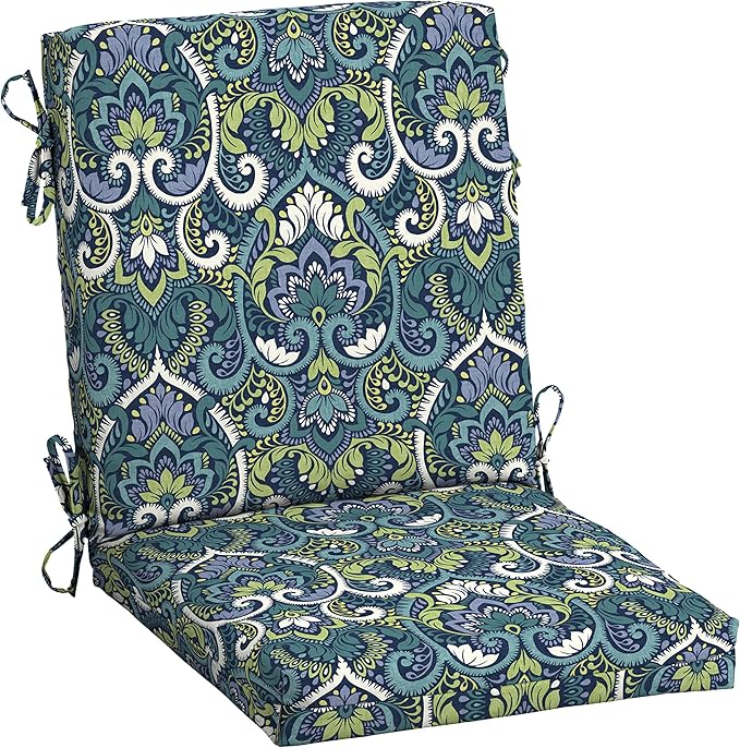 Arden Outdoor Midback Chair Cushion, 18 x 16.5, Water Repellent, Fade Resistant 18 x 16.5, Sapphire Aurora Blue Damask