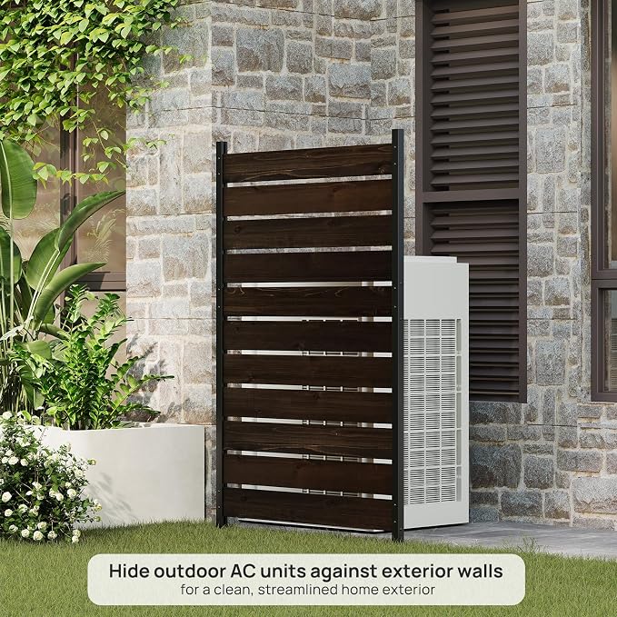 38"W x 61"H (1 Panel) No Dig Wood Privacy Screen Outdoor Privacy Fence Panel for AC Unit Trash Can Pool Equipment Enclosure Decorative Patio Privacy Wall Screen with Metal Posts & Stakes (Dark Brown)