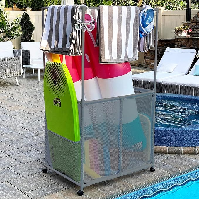 Pool Equipment Holder with Towel Drying Bars, Mesh Rolling Multi Use Storage Organizer Bin, Large Towel Hanger (25" L x 34.5" W x 62.6" H), Gray