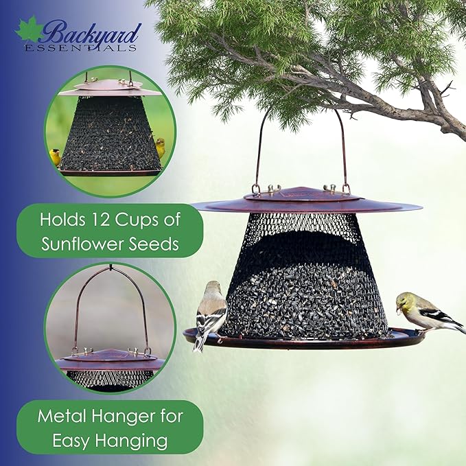 Copper Collapsible Mesh Feeder with Tray - Hanging Bird Feeder - Holds 12 Cups of Sunflower Seeds