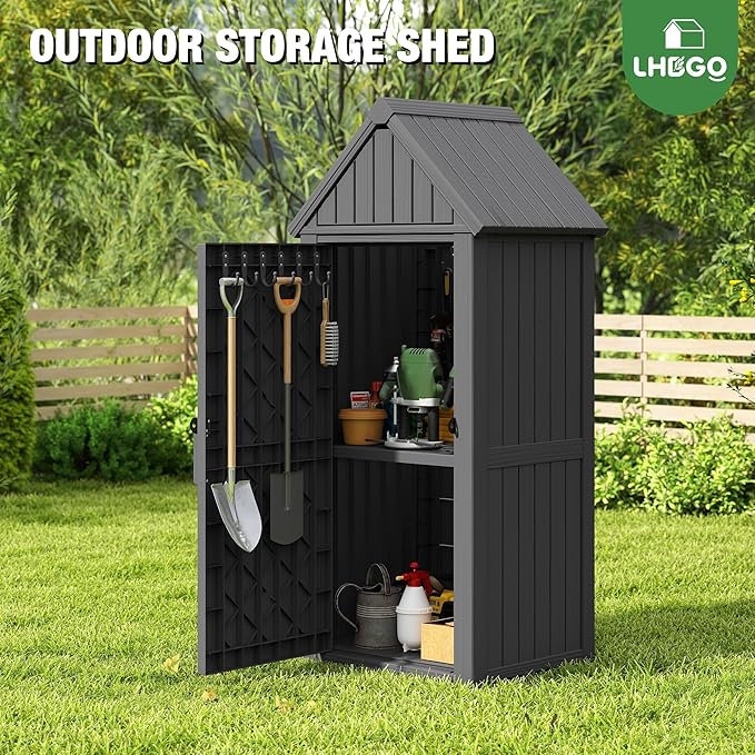 LHBGO Outdoor Storage Shed with Door & Shelf, Large Capacity Weatherproof Garden Tool Cabinet with Multiple Hooks for Backyard, Patio, Lawn（Black