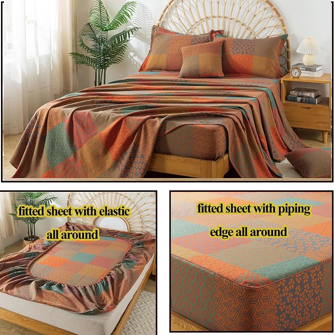 FADFAY Grid Sheets Set King Vintage Checkered Floral Bedding Shabby Geometry Farmhouse Bedding Super Soft Washed Double -Layer Muslin Sheets 100% Cotton Deep Pocket Fitted Sheet 4Pcs, King Size