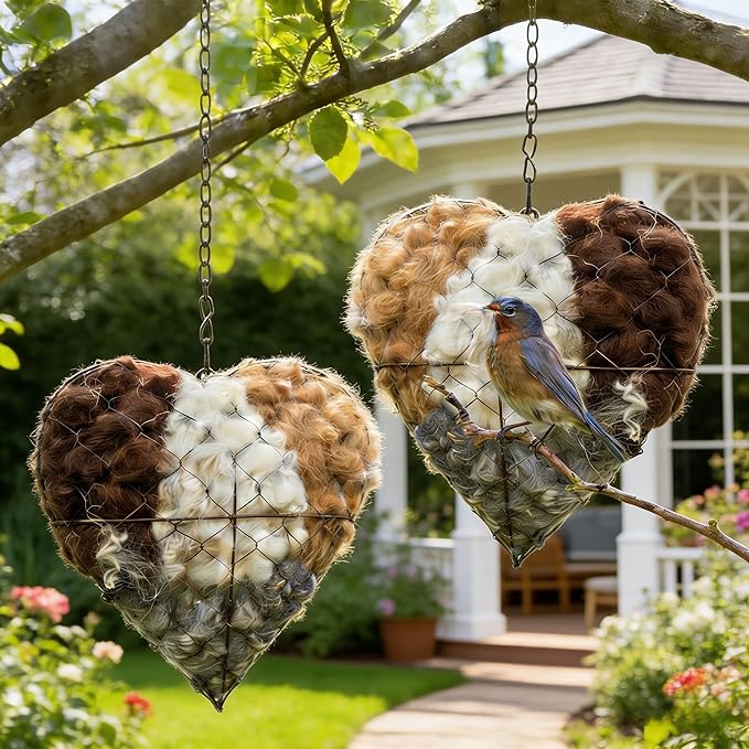 Handmade Alpaca Fiber Bird Nesting Heart – Refillable Bird Haven with 4 Nesting Material Refill Bags – Eco-Friendly Hanging Nest for Hummingbirds & Wild Birds, Garden & Yard Décor (2Sets)