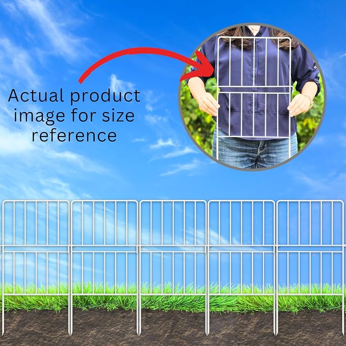 ShopLaLa Bundle- 10 Pack, 4 Inch White Metal Pot + 20 Pack, 24 Inch Decorative Garden Fence Landscape Edging Rustproof Metal Wire Outdoor Border No Dig Window Box Hook Flower Box Balcony Railing Porch