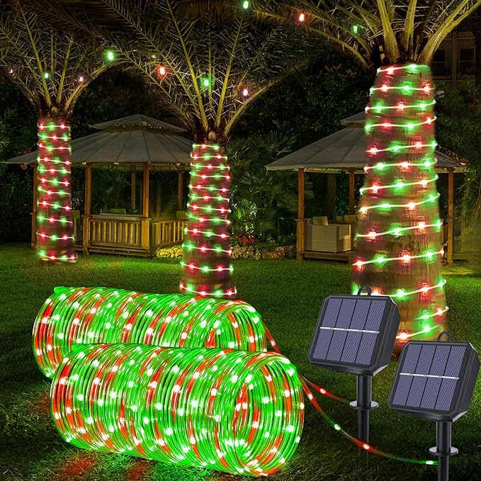 Solar Rope Lights, 2 Packs Total 66ft 200LED Solar String Lights, 8 Modes Waterproof Solar Powered Outdoor Light, Flexible Clear Tube Light for Garden Yard Patio Deck Porch Tree Xmas Decor -Red &Green