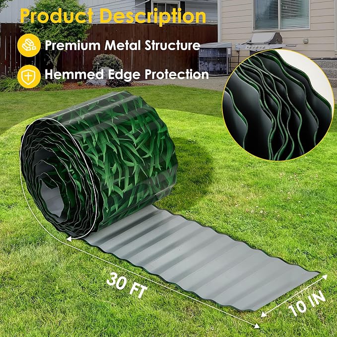 Vehipa Corrugated Metal Garden Edging, 10" x 30 Ft Sturdy Garden Border Edging for Landscape, Lawn Edging Border Landscaping Edging, Flower Bed Edging Border for Lawn Decoration (Green)