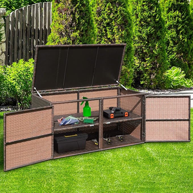 Giantex Rattan Deck Box 73 Gallon Wicker Storage Box W/Separate Storage Shelf, Openable Door, Steel Frame, Toys and Tools Organize for Yard, Garden, Balcony, Porch, Patio Rattan Storage Box (Brown)