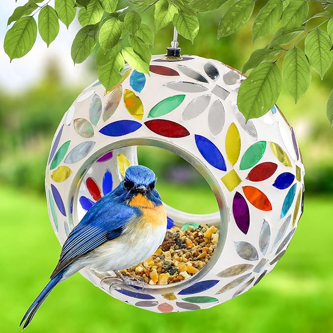 Sunnydaze 6-Inch Glass Mosaic Hanging Bird Feeder for Outdoors - Fly-Through Glass Bird Feeder for Cardinals, Jays, Finches and More - Rainbow Daisies