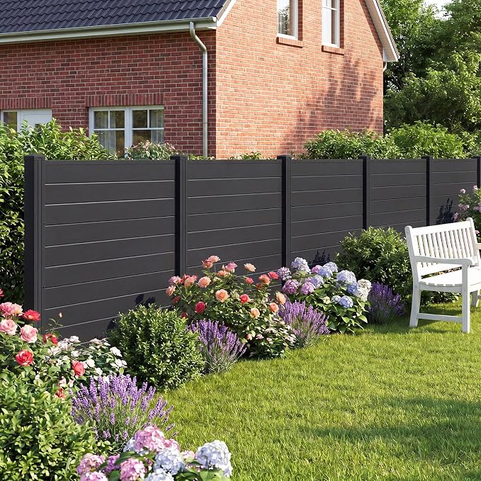 HAPPYGRILL Air Conditioner Fence, 6 Panels Outdoor Privacy Screen with Metal Stakes, No Dig Pool Equipment Enclosure, 48" x 38" Trash Can Screen Fence Kit for Outside Backyard, Black
