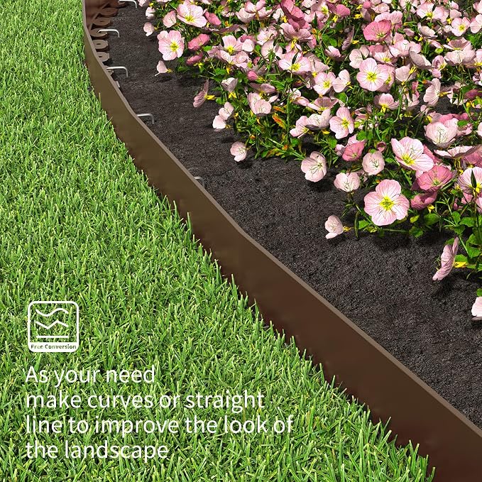 Landscape Edging 4 Inch Tall 60FT with 75Pcs Metal Spikes, Plastic Garden Edging Border Landscape Edging Border Lawn Edging for Landscaping, Flower Bed, Yard(Brown)