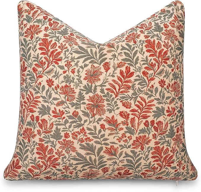 Crumbs Home Modern Farmhouse California Casual Indoor Outdoor Throw Pillow Cover, 20"x20" Water Repellent for Patio, Backyard, Couch, Poolside, Rust Orange Print Sketch Botanical Flowers and Leaves