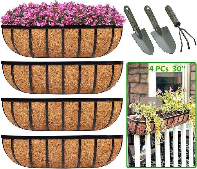 LCHUANG Railing Planter Window Box - 4 Pack 30 Inch Deck Balcony Rail Planter with Coconut Coir Liner, Fence Metal Hanging Flower Planter Basket Deck Railing Planter Boxes for Outdoor Garden