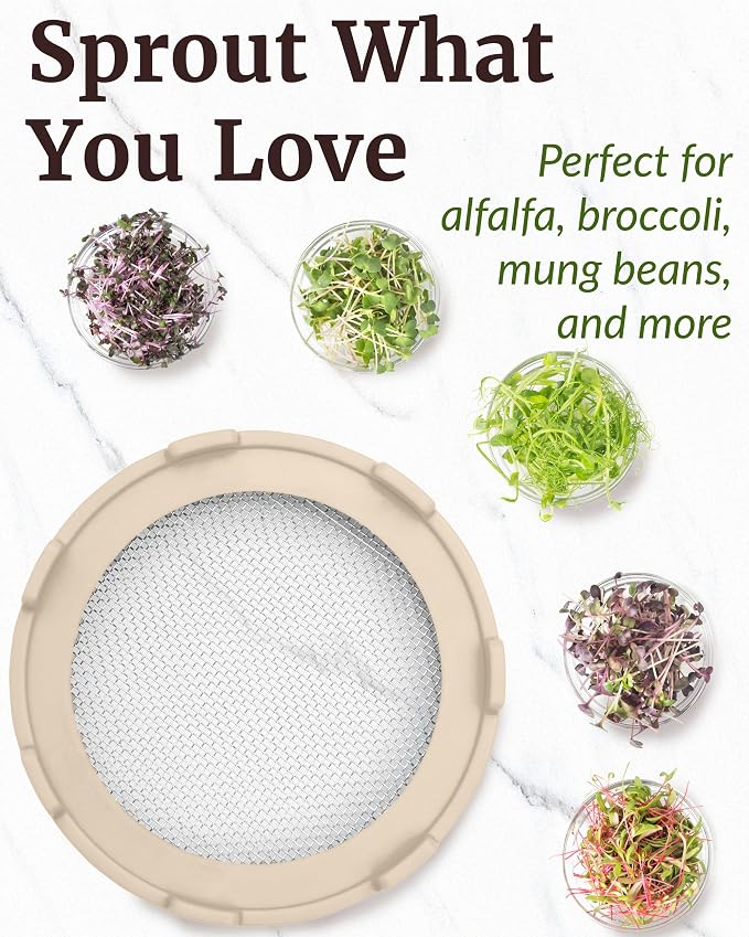 Elementi Sprouts Growing Kit for Wide Mouth Mason Jars, Set of 2 Sprouting Lids for Organic Alfalfa & Mung Bean Sprouts Grow Kit, 316 Stainless Steel Mesh Screen Strainer Lid (Sage Green)