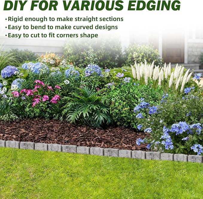 Landscape Edging Garden Edging Border Faux Stone Edging,17FT x 2.75 in Tall Decorative Stone-Look Garden Border for Flower Bed Edging,Yard Edging,Lawn Trees and Gardens,with Anchoring Spikes,Gray