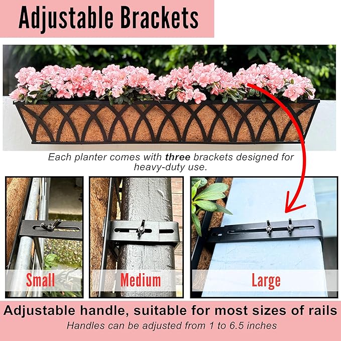 LaLaGreen Railing Planter Box (36 Inch, 2 Pack) Black Metal Rectangular Window Boxes for Outdoor Plants, Large Wall Hanging Planters with Coco Liner Modern Bracket Garden Fence Horse Troughs Porch