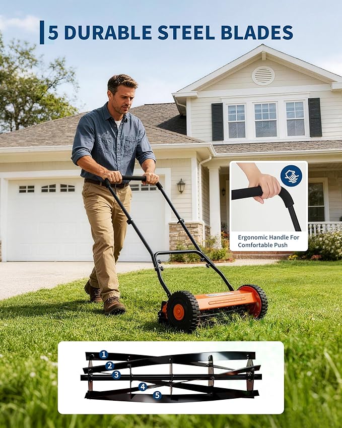 16 Inch Manual Reel Lawn Mower, 5-Blade Push Reel Mower with Adjustable Cutting Height, Walk-Behind Compact Hand Push Mower for Small Yards, Quiet Cordless Mowing (Orange) — No Grass Catcher Bag