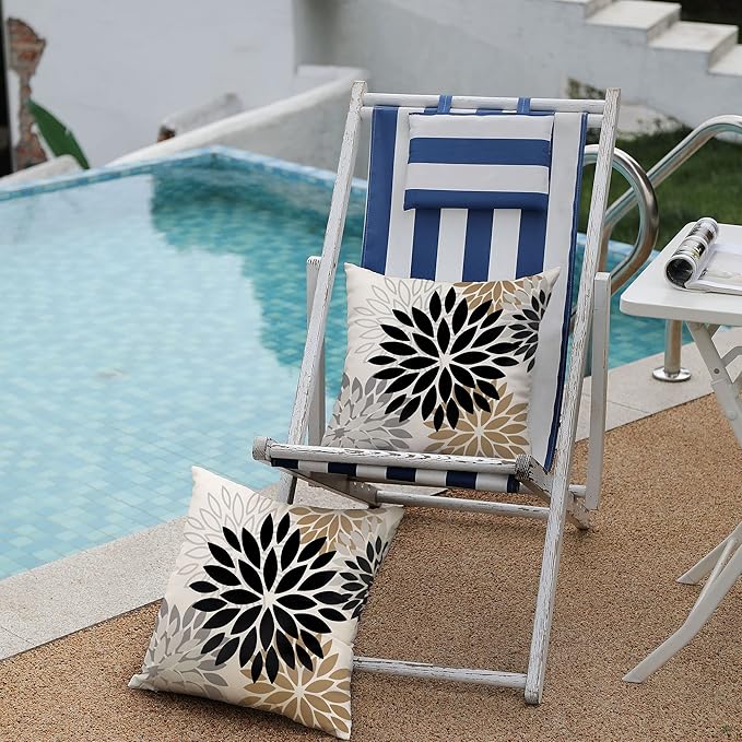 DFXSZ Black Brown Outdoor Pillow Covers 18x18 Inch Set of 2 White Gray Flower Throw Pillows Farmhouse Outdoor Modern Floral Polyester Square Cushion Case Decor for Patio Funiture Garden 002B18