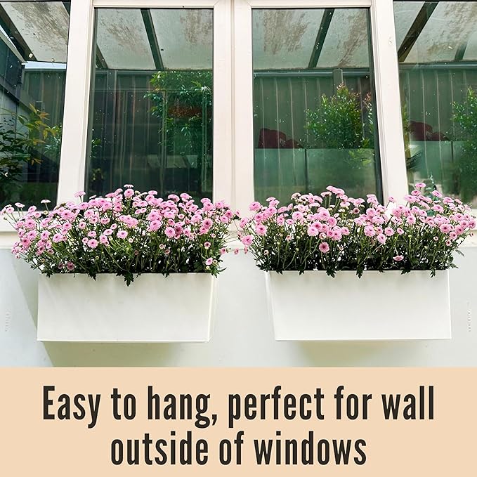 LaLaGreen Wall Hanging Planter Outdoor (4 Pack, 20 Inch) Wall Mounted Self Watering System Window Boxes with Bracket, White Rectangular Plant Pot Flower Box Container Indoor Modern Herb Kitchen Decor