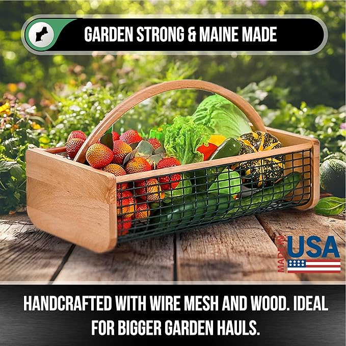 Garden Hod Harvest Basket - Durable Wooden Gardening Supply for Flowers, Vegetables, and Fruits - Handcrafted in Maine, USA – 16 x 9 Inches, 8 Quart Capacity