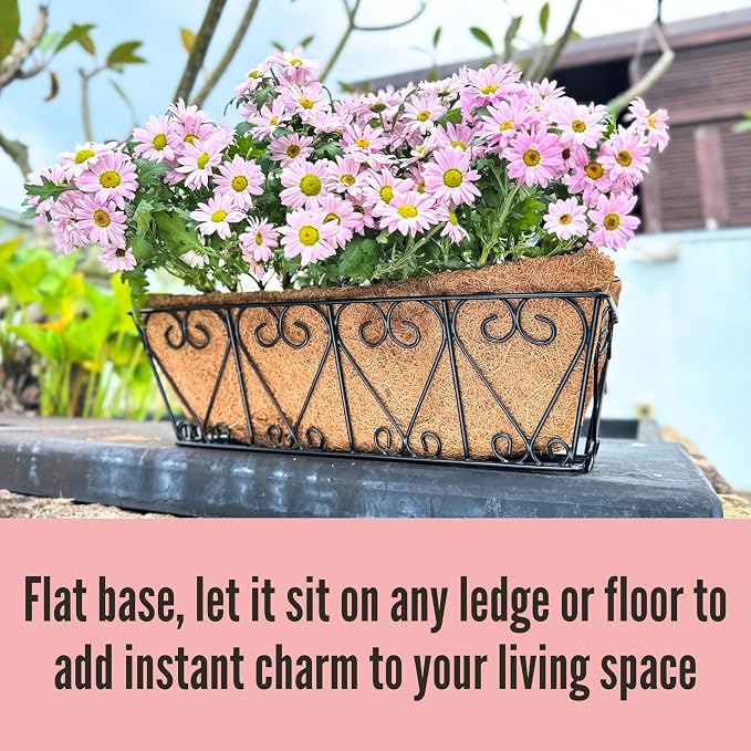 LaLaGreen Bundle- 2-Pack, 12 Inch Semi-Circle Basket with Coco Liner + 2-Pack, 16 Inch Rectangular Basket with Coco Liner, Wall Mount Hanging Flower Pot Plant Holder Rail Fence Balcony Patio Decor
