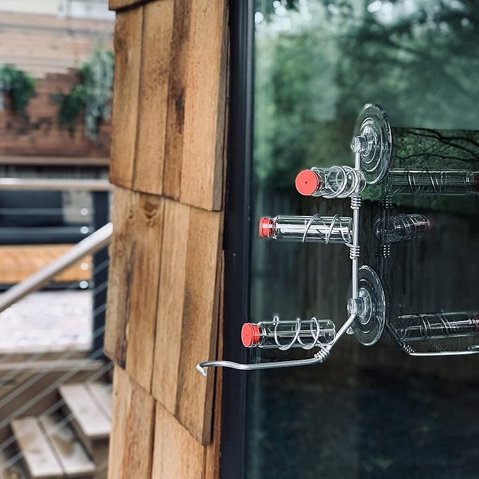 Window Hummingbird Feeder | Handcrafted Copper and Aluminum | Multiple Stations | Modern Hummingbird Feeder | Glass Bottle | Suction Cup (Aluminum, Three Station)