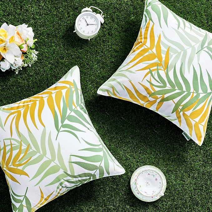 MIULEE Pack of 2 Decorative Outdoor Waterproof Throw Pillow Covers Patio Pillow Cases Natural Leaves Pattern Spring Square Cushion Shams Shell for Garden Balcony Couch 16x16 Inch, Green&Yellow