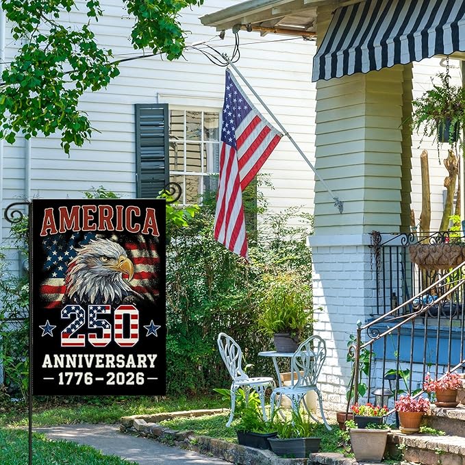 250 Anniversary USA Garden Flags for Outside, 4th of July 250th Years American Patriotic Banner, Blessing United States 12x18 Inch Double-Sided with Bald Eagle, 1776-2026 Yard Merchandise Decoration