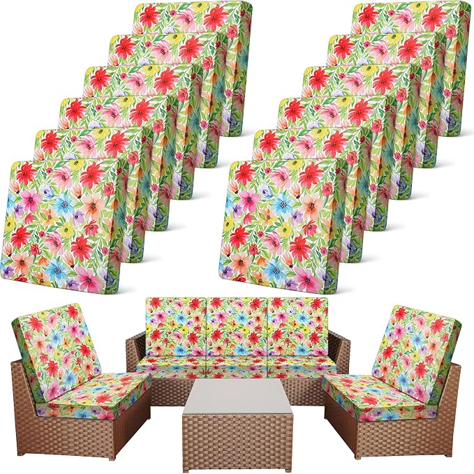 Newwiee 12 Pcs Patio Cushion Covers Outdoor Stretch Sofa Couch Cover Replacement Couch Slipcover Sofa Seat Chair Porch Patio Furniture Protector, Flexibility Washable(Colorful,Vivid Blossom)