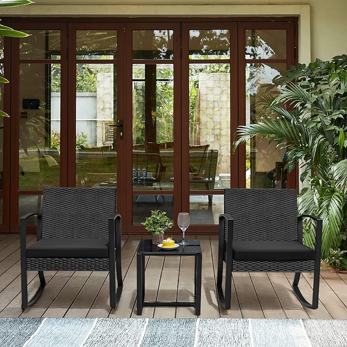Greesum 3 Pieces Outdoor Furniture Set Patio Bistro Rocking Chairs with Glass Coffee Table for Pool Beach Backyard Balcony Porch Deck Garden, Dark Black