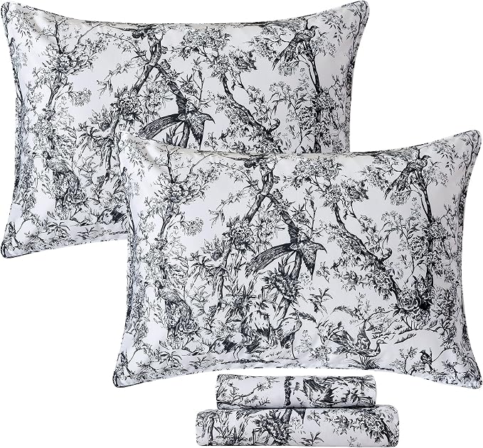 FADFAY Bird Sheets Set Cal King 100% Egyptian Cotton Black and White Toile de Jouy Bedding Vintage Rose Floral Farmhouse Bedding Shabby Botanical French Country Sheet Deep Pocket Soft Breathable 4Pcs