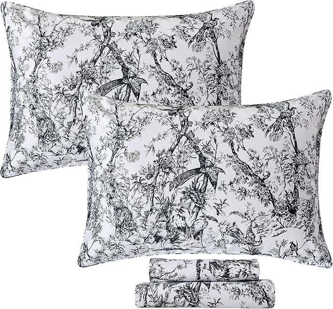 FADFAY Bird Sheets Set Full 100% Egyptian Cotton Black and White Toile de Jouy Bedding Vintage Rose Floral Farmhouse Bedding Shabby Chinoiserie French Country Sheets Deep Pocket Soft Breathable 4Pcs