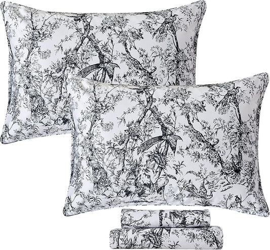 FADFAY Bird Sheets Set Full 100% Egyptian Cotton Black and White Toile de Jouy Bedding Vintage Rose Floral Farmhouse Bedding Shabby Chinoiserie French Country Sheets Deep Pocket Soft Breathable 4Pcs