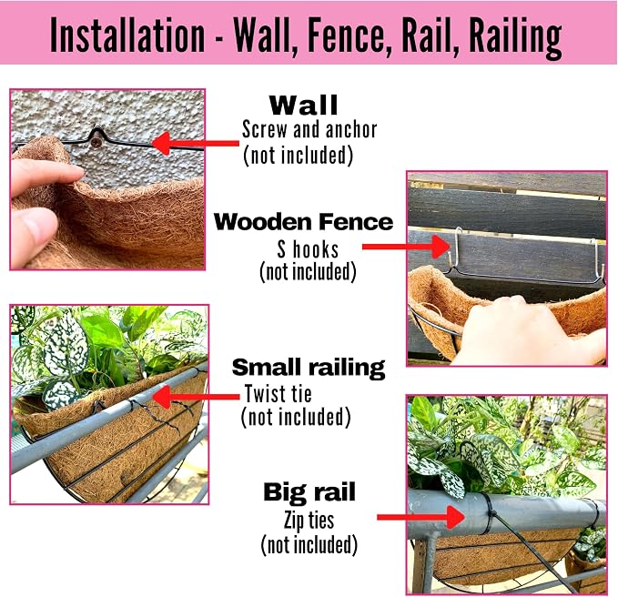 LaLaGreen Wall Hanging Planters, 6 Pack, 12 Inch Balcony Flower Baskets with Coco Liner Outside, Outdoor Vertical Garden, Fence Pots Holder Half Round Semi Circle Rail Railing Deck Porch Balcony Patio