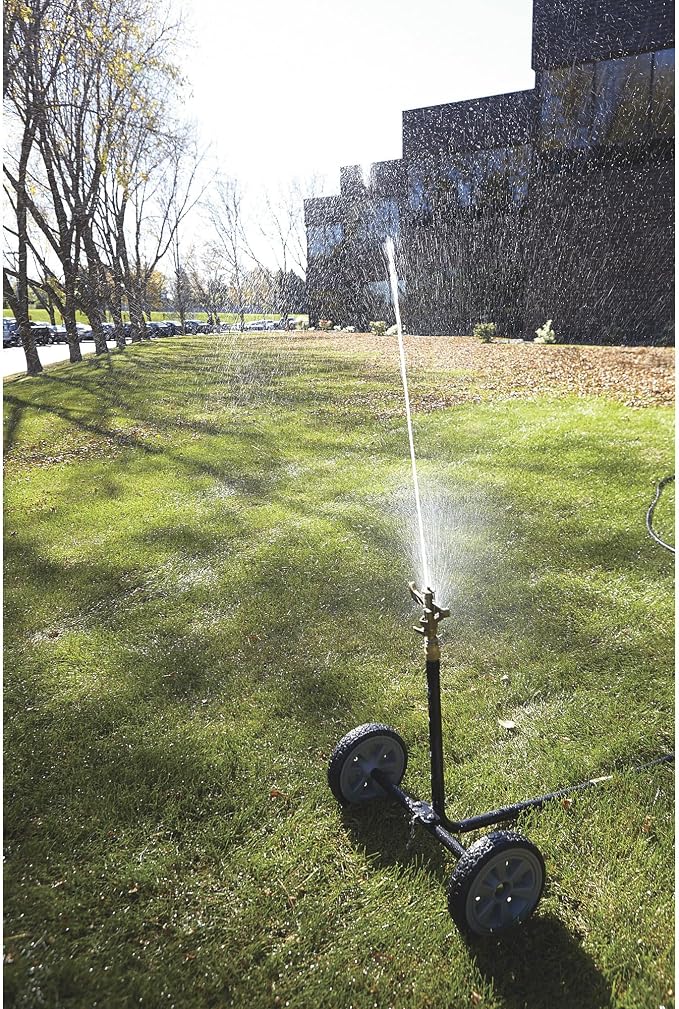 Strongway Wheeled Sprinkler, 3/4 in. Brass Head with 2 Nozzles, 100 Ft. Diameter Coverage, 7800 Sq. Ft., 6-10 GPM, 8 in. Poly Wheels, Adjustable Full and Partial Circle, for Lawn and Garden