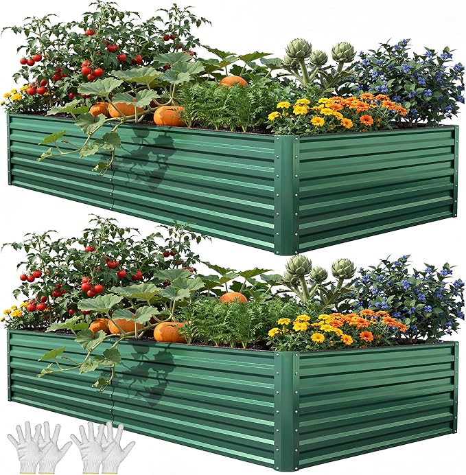 YITAHOME 8x4x2ft 2pcs Large Raised Garden Bed, Galvanized Metal Planter Box with Gloves, Ground Nails, Support Rod & Safety Rubber, Outdoor Above Ground Planters for Plants Vegetables Flowers, Green
