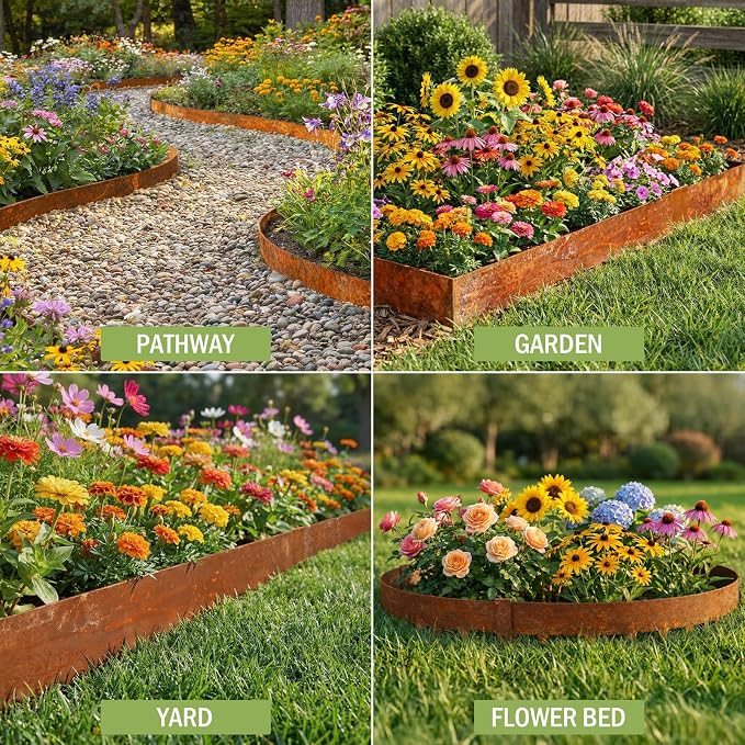 33ft.Metal Edging for Landscaping, Pre-Rust 4.5 inch Cor-Ten Steel Landscape Edging for Yard Pathway & Flower Beds, Steel Lawn Edging with a Pair of Gloves and 11 Stakes (10 Pack, 40" L x 4.5" H)